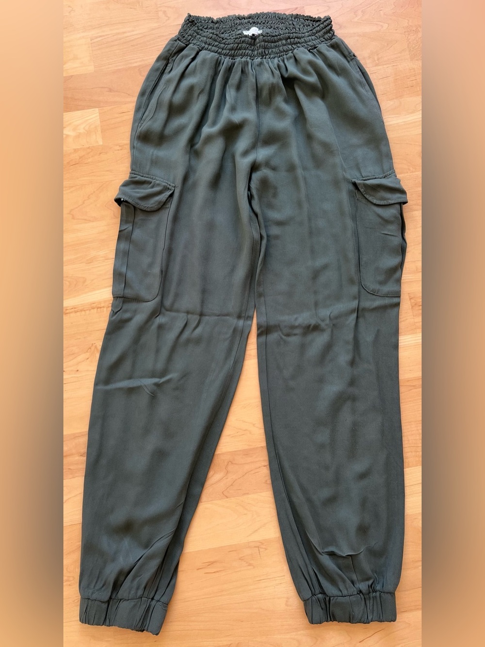 Olive Green Cargo Jogger Pants with Smocked Waist